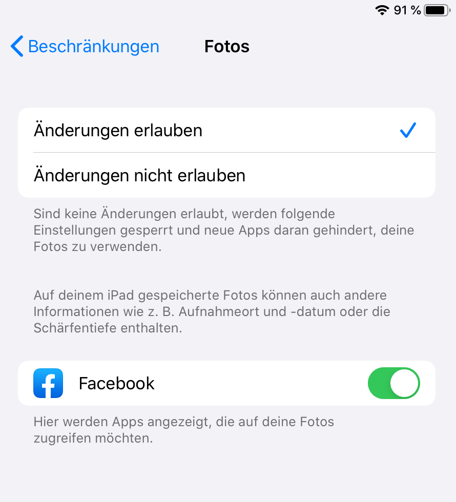 iOS Einstellung zu Foto-Beschränkungen