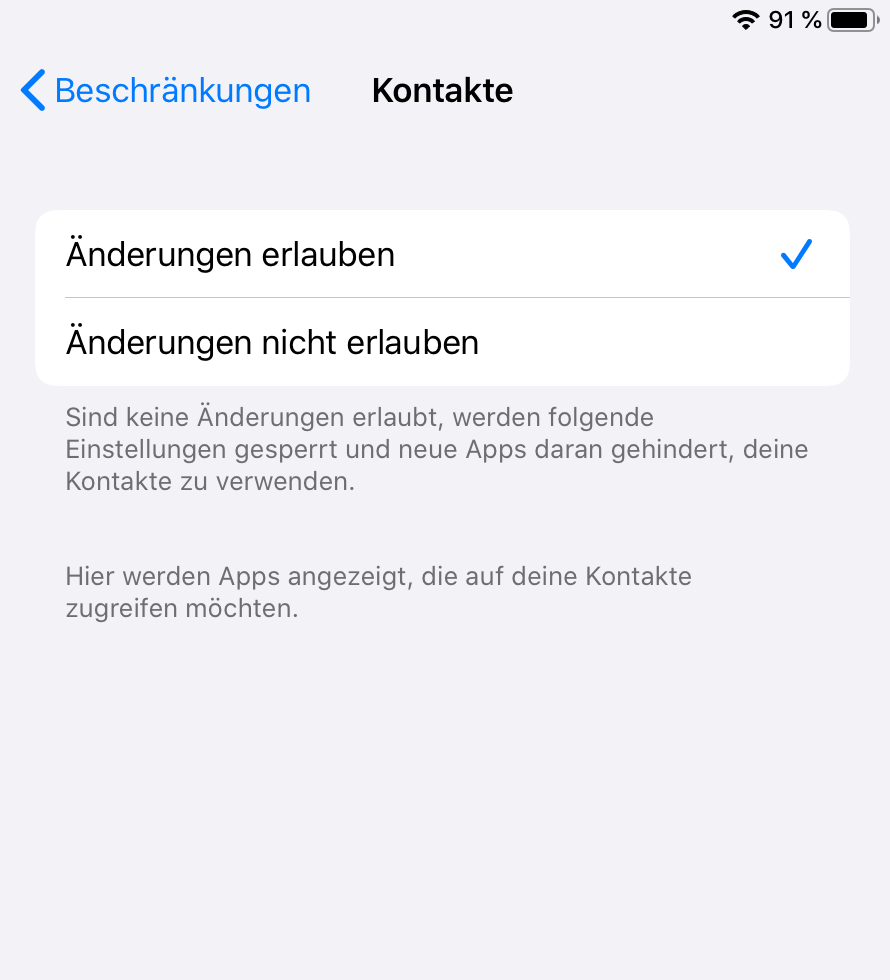 iOS Einstellung zu Kontakte-Beschränkungen