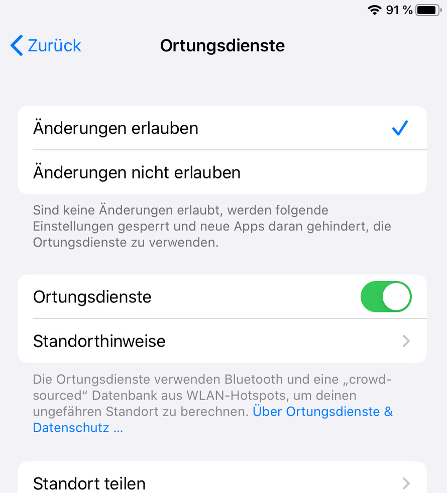 iOS Einstellung zu Ortungsdienst-Beschränkungen