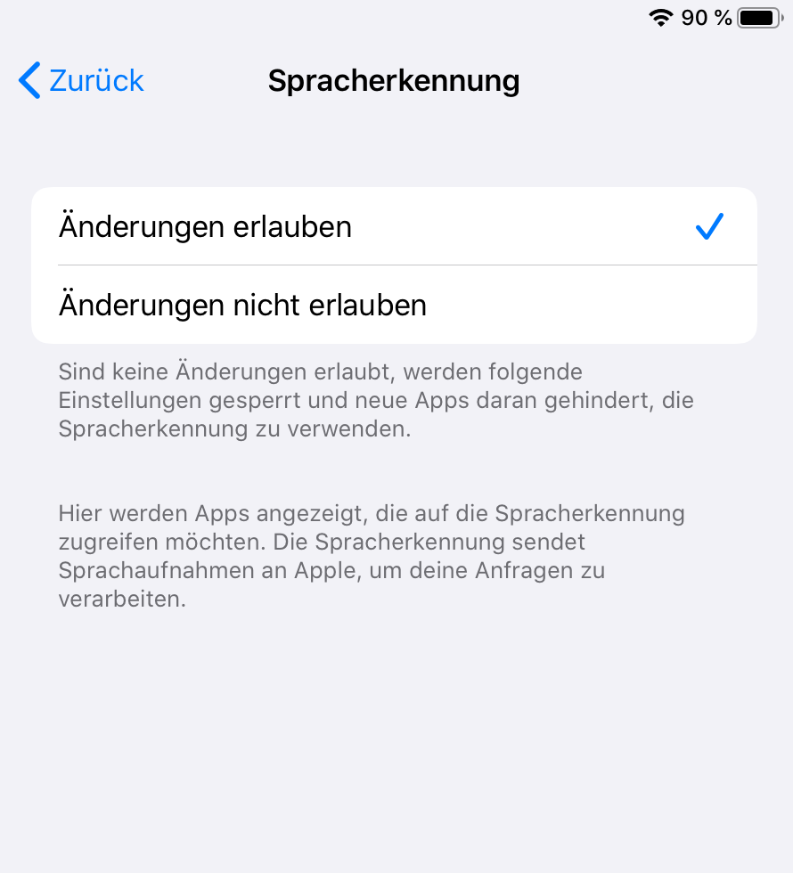 iOS Einstellung zu Spracherkennung-Beschränkungen